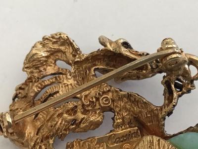 Rare Signed Oleg Cassini Dated Jade Rhinestone Dragon Brooch 1964