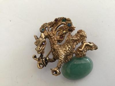 Rare Signed Oleg Cassini Dated Jade Rhinestone Dragon Brooch 1964