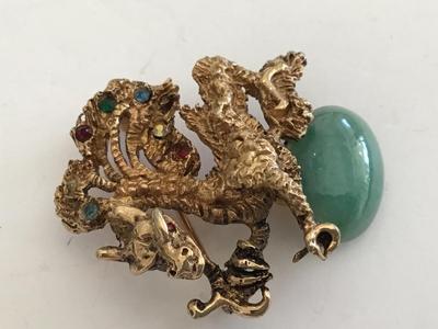 Rare Signed Oleg Cassini Dated Jade Rhinestone Dragon Brooch 1964