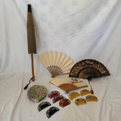 Japanese Hair Combs with Hand-painted Silk Parasol and More (LR-BM)