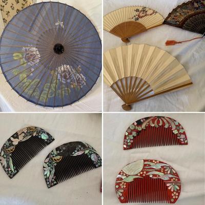 Japanese Hair Combs with Hand-painted Silk Parasol and More (LR-BM)