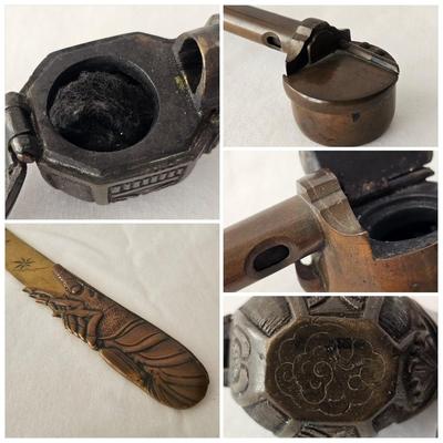 Japanese Brass Yatate Ink Pots, Kiseru Pipe & Meiji Era-Style Letter Opener (DR-JS)