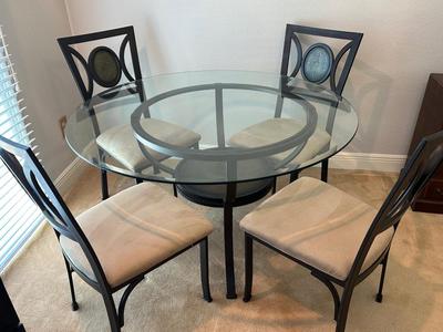 Glass & Metal Dining Set with 4 Upholstered Chairs