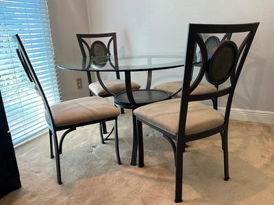 Glass & Metal Dining Set with 4 Upholstered Chairs