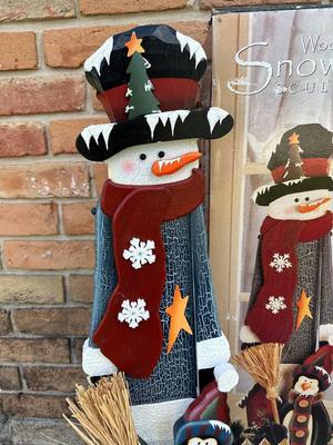 Wooden Snowman Holiday Sculpture with Box