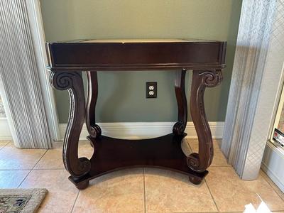 Carved Wood Game Table with Chess & Backgammon Tops