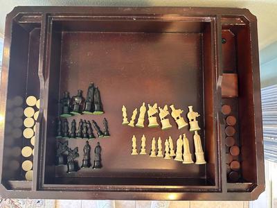 Carved Wood Game Table with Chess & Backgammon Tops