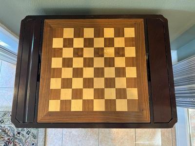 Carved Wood Game Table with Chess & Backgammon Tops