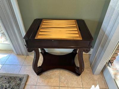 Carved Wood Game Table with Chess & Backgammon Tops