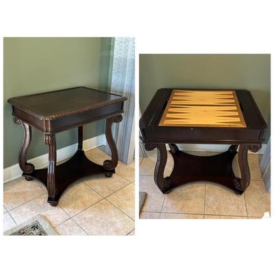 Carved Wood Game Table with Chess & Backgammon Tops
