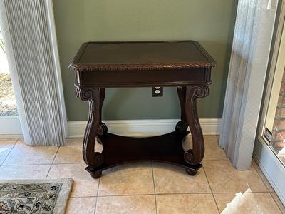 Carved Wood Game Table with Chess & Backgammon Tops