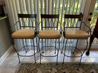 Set of 3 Metal Bar-Height Stools with Cushioned Seats