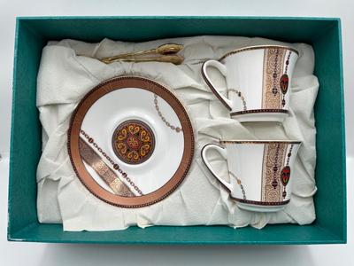 Empire Porcelain Tea Cups & Saucers Set with Decorative Gold Spoons – New in Box