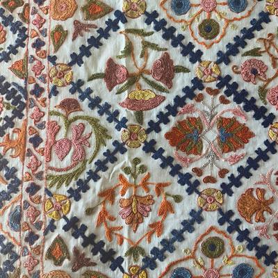 Sale Photo Thumbnail #1150: Has a few holes due to age ( refer to photos)
Intricate embroidery with pink, orange, green, blue and brown colors
Measures: 62" wide x 98" long