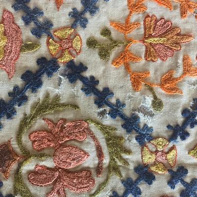 Sale Photo Thumbnail #1146: Has a few holes due to age ( refer to photos)
Intricate embroidery with pink, orange, green, blue and brown colors
Measures: 62" wide x 98" long