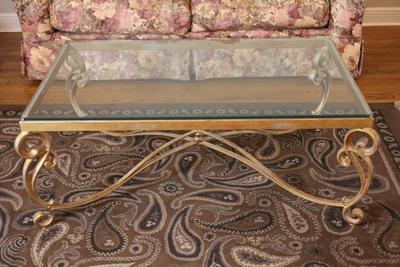 Glass-Top Coffee Table with Heavy Gold Scroll Metal Base