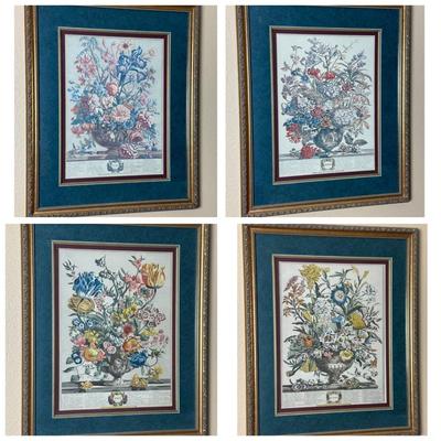 Set of 4 Colonial Style Floral Anniversary Framed Prints