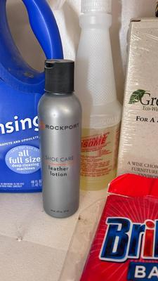 A BUCKET AND AN ARRAY OF DIFFERENT CLEANING PRODUCTS