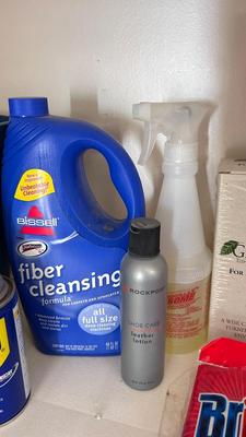 A BUCKET AND AN ARRAY OF DIFFERENT CLEANING PRODUCTS