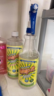 A BUCKET AND AN ARRAY OF DIFFERENT CLEANING PRODUCTS