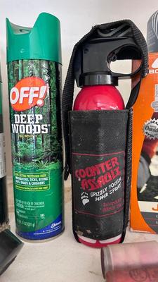 A JETBOIL ALONG WITH BUG AND BEAR REPELLENT, MATCHES, A VARIETY OF DIFFERENT ROPE AND MORE