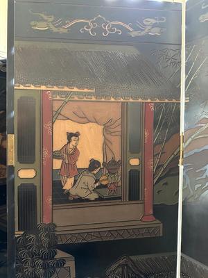 Furniture - Carved & Painted Wood Oriental Folding Room size Screen 4 Panel