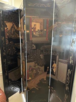 Furniture - Carved & Painted Wood Oriental Folding Room size Screen 4 Panel