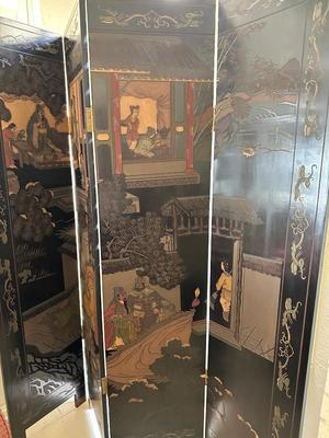 Furniture - Carved & Painted Wood Oriental Folding Room size Screen 4 Panel