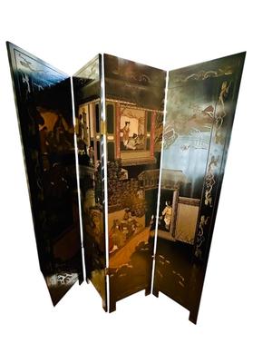 Furniture - Carved & Painted Wood Oriental Folding Room size Screen 4 Panel