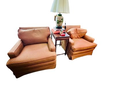 Furniture -Pair of Custom Club Chairs with Down filled upholstery, Antique Table, Elephant Ceramic lamp, Books, Decor