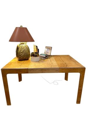 Furniture - Milo Baugham Mid Century style Two-Tone Burled Parsons Table with one leaf, Chapman Lamp, Books, Small RC Gorman print