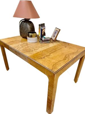 Furniture - Milo Baugham Mid Century style Two-Tone Burled Parsons Table with one leaf, Chapman Lamp, Books, Small RC Gorman print