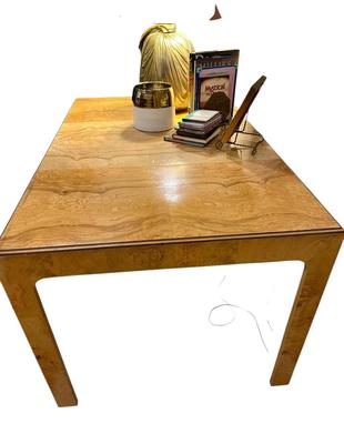 Furniture - Milo Baugham Mid Century style Two-Tone Burled Parsons Table with one leaf, Chapman Lamp, Books, Small RC Gorman print