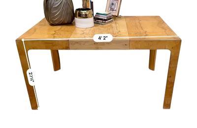 Furniture - Milo Baugham Mid Century style Two-Tone Burled Parsons Table with one leaf, Chapman Lamp, Books, Small RC Gorman print