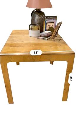 Furniture - Milo Baugham Mid Century style Two-Tone Burled Parsons Table with one leaf, Chapman Lamp, Books, Small RC Gorman print