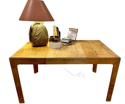 Furniture - Milo Baugham Mid Century style Two-Tone Burled Parsons Table with one leaf, Chapman Lamp, Books, Small RC Gorman print