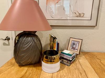 Furniture - Milo Baugham Mid Century style Two-Tone Burled Parsons Table with one leaf, Chapman Lamp, Books, Small RC Gorman print