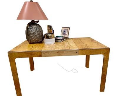 Furniture - Milo Baugham Mid Century style Two-Tone Burled Parsons Table with one leaf, Chapman Lamp, Books, Small RC Gorman print