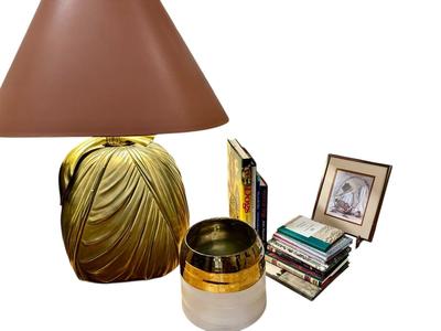 Furniture - Milo Baugham Mid Century style Two-Tone Burled Parsons Table with one leaf, Chapman Lamp, Books, Small RC Gorman print