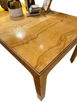Furniture - Milo Baugham Mid Century style Two-Tone Burled Parsons Table with one leaf, Chapman Lamp, Books, Small RC Gorman print