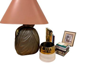 Furniture - Milo Baugham Mid Century style Two-Tone Burled Parsons Table with one leaf, Chapman Lamp, Books, Small RC Gorman print