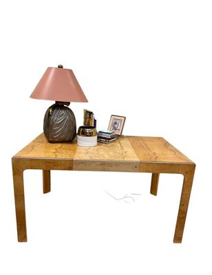 Furniture - Milo Baugham Mid Century style Two-Tone Burled Parsons Table with one leaf, Chapman Lamp, Books, Small RC Gorman print