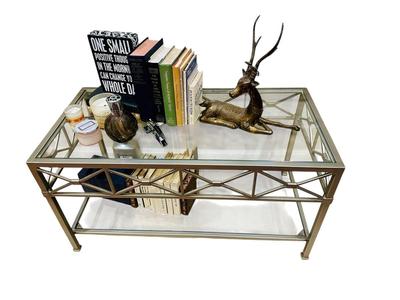 Furniture -Iron & Glass Table with Books, Lamp Berger, Brass
