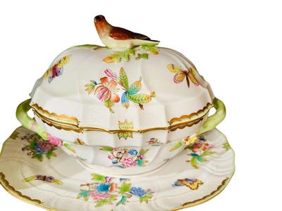 Decor - China - Herend Tureen Queen Elizabeth Pattern with Rare Bird finial Platter listed separately