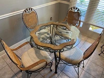 Glass & Wicker Dining Set with Metal Base