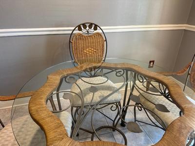 Glass & Wicker Dining Set with Metal Base