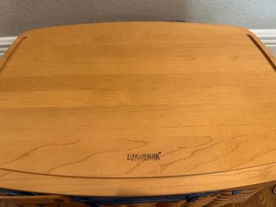 Large Longaberger Basket with Lid, Blue Fabric Liner & Divided Protector