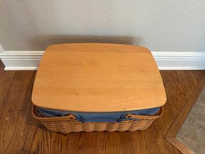 Large Longaberger Basket with Lid, Blue Fabric Liner & Divided Protector