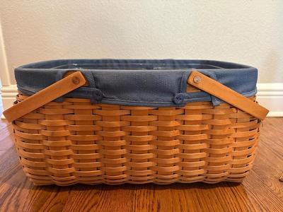 Large Longaberger Basket with Lid, Blue Fabric Liner & Divided Protector