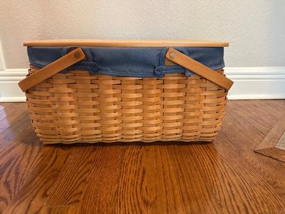 Large Longaberger Basket with Lid, Blue Fabric Liner & Divided Protector